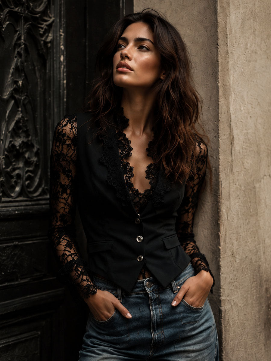 Noémie | High Black Blazer with Semi-Transparent Sleeves