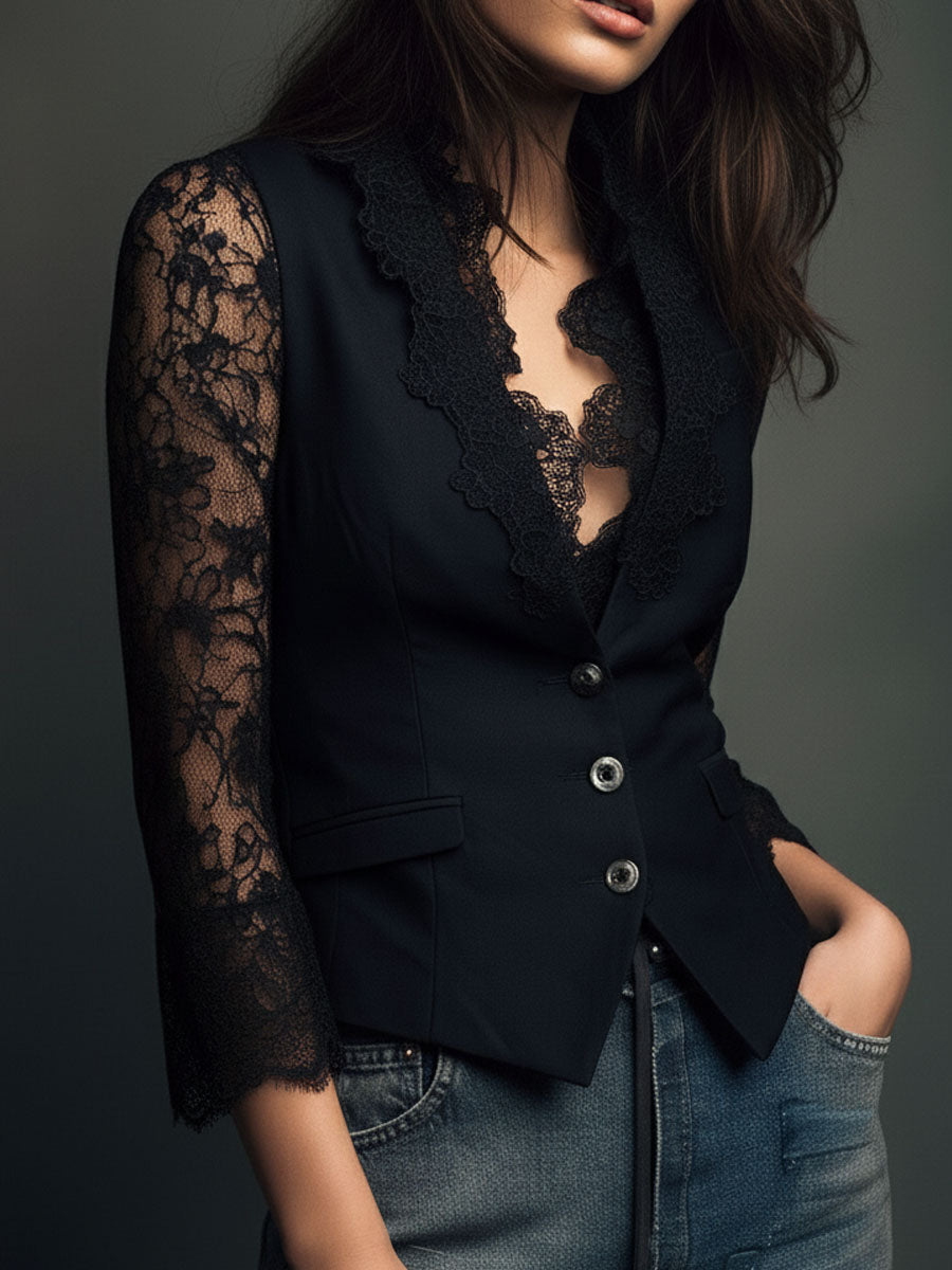 Noémie | High Black Blazer with Semi-Transparent Sleeves