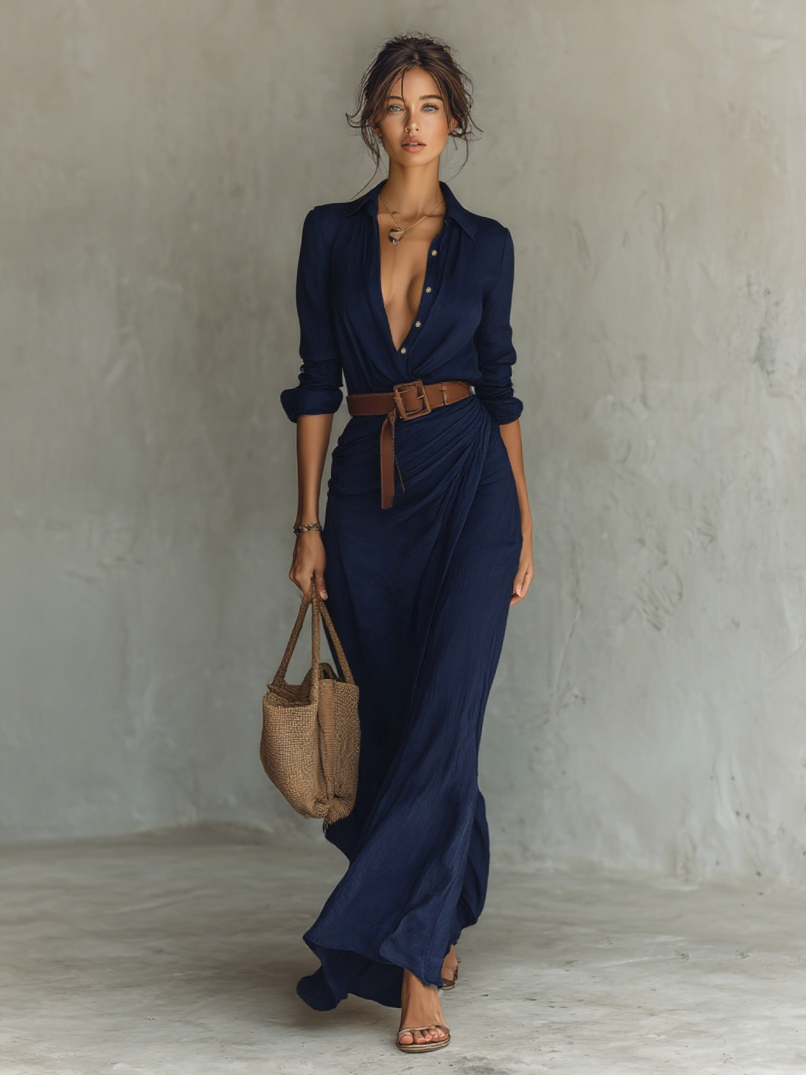 Long Maxi Dress with Reversed Collar - Elegant and Softly Flowing