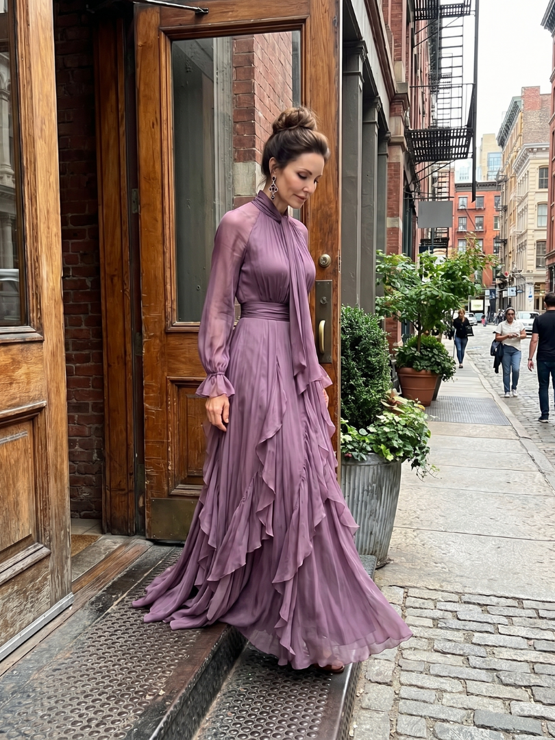 Demetria | Maxi Dress with Ties, Ruffles, and Layering