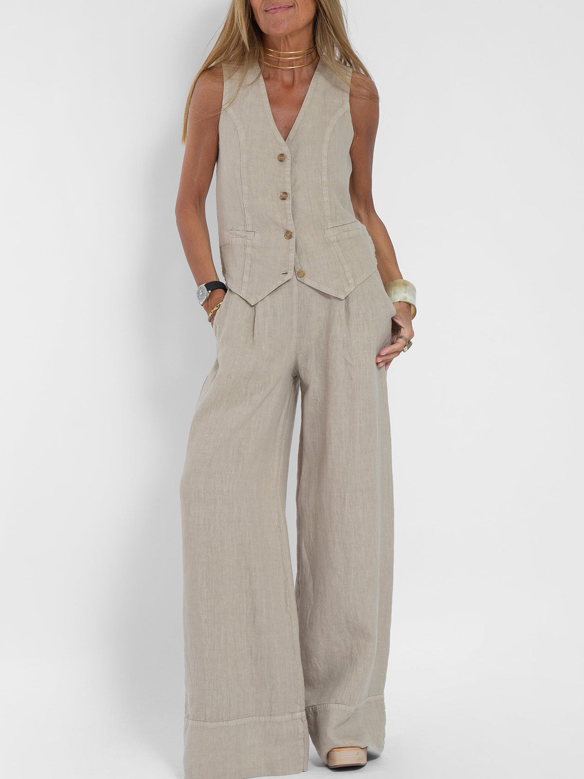 Aira | Set with Button Vest and Wide Pants