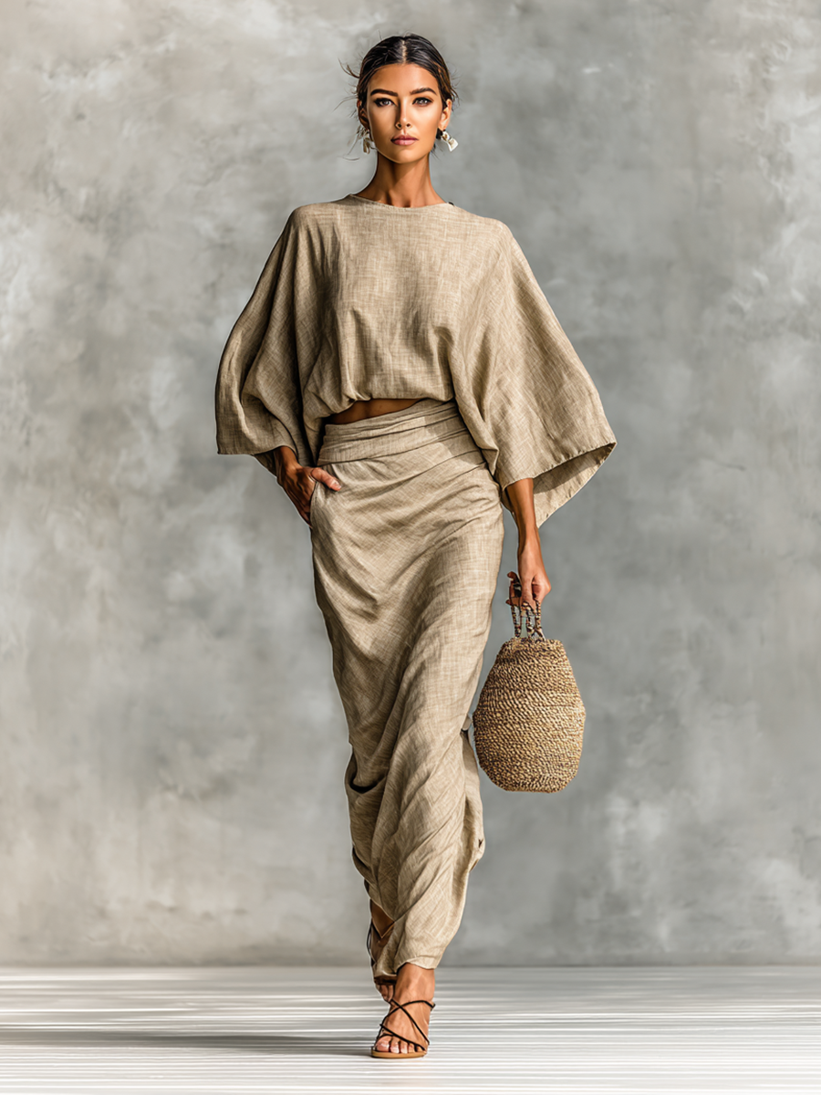 Linen-Cotton Skirt and Top Set - Women's Two-Piece Outfit