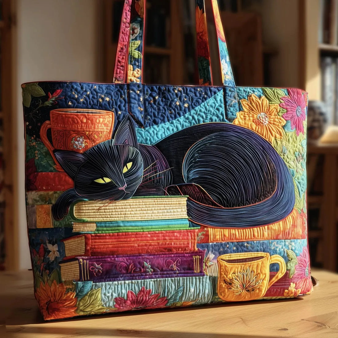 Handmade "Chat Noir" Bag with Books and Mugs