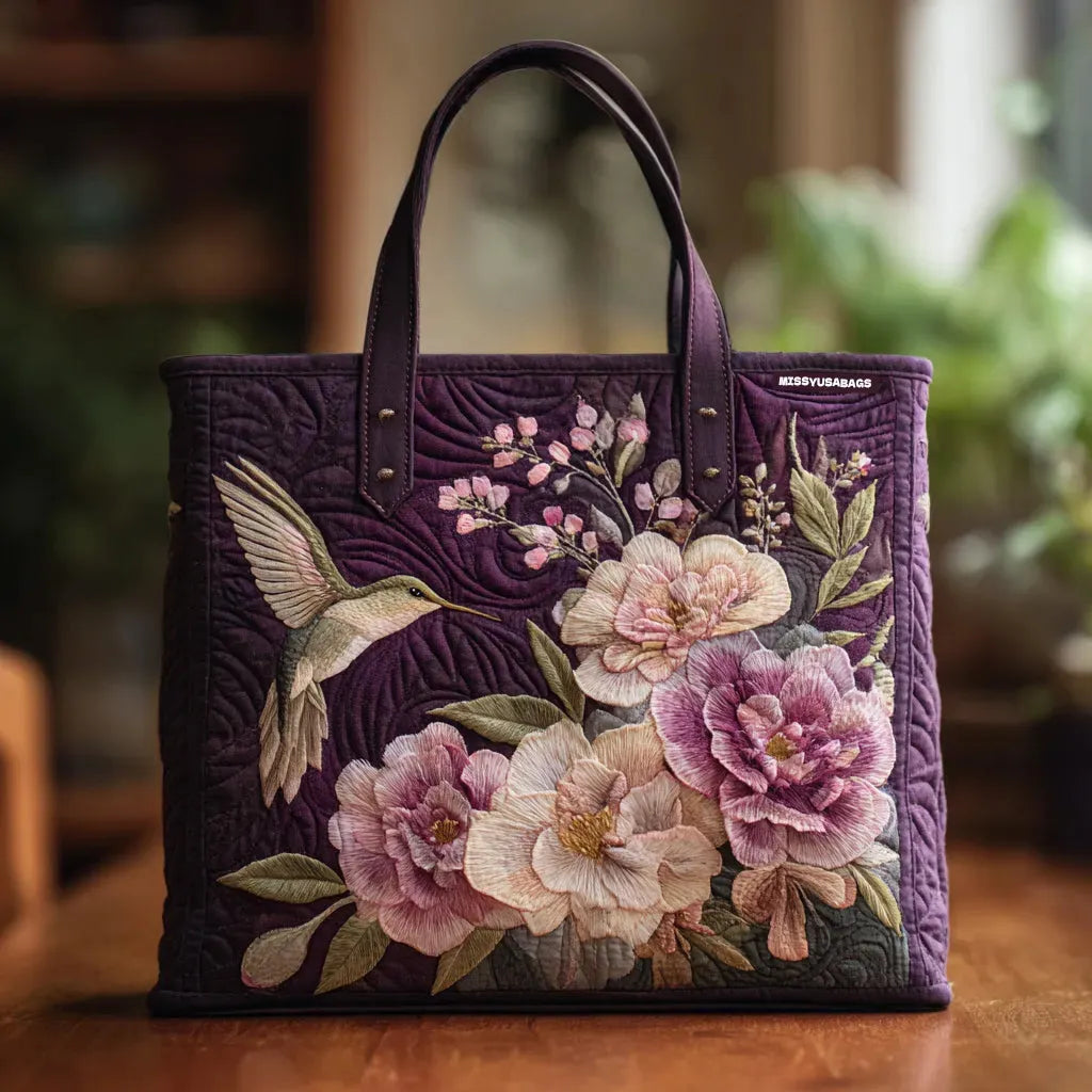 Handmade Purple Bag with Lining Featuring Hummingbird and Orchid