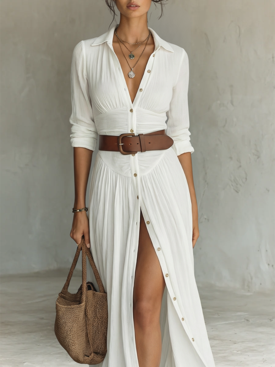 Pleated Maxi Dress Made of Linen Fabric - Soft Fall and Elegant