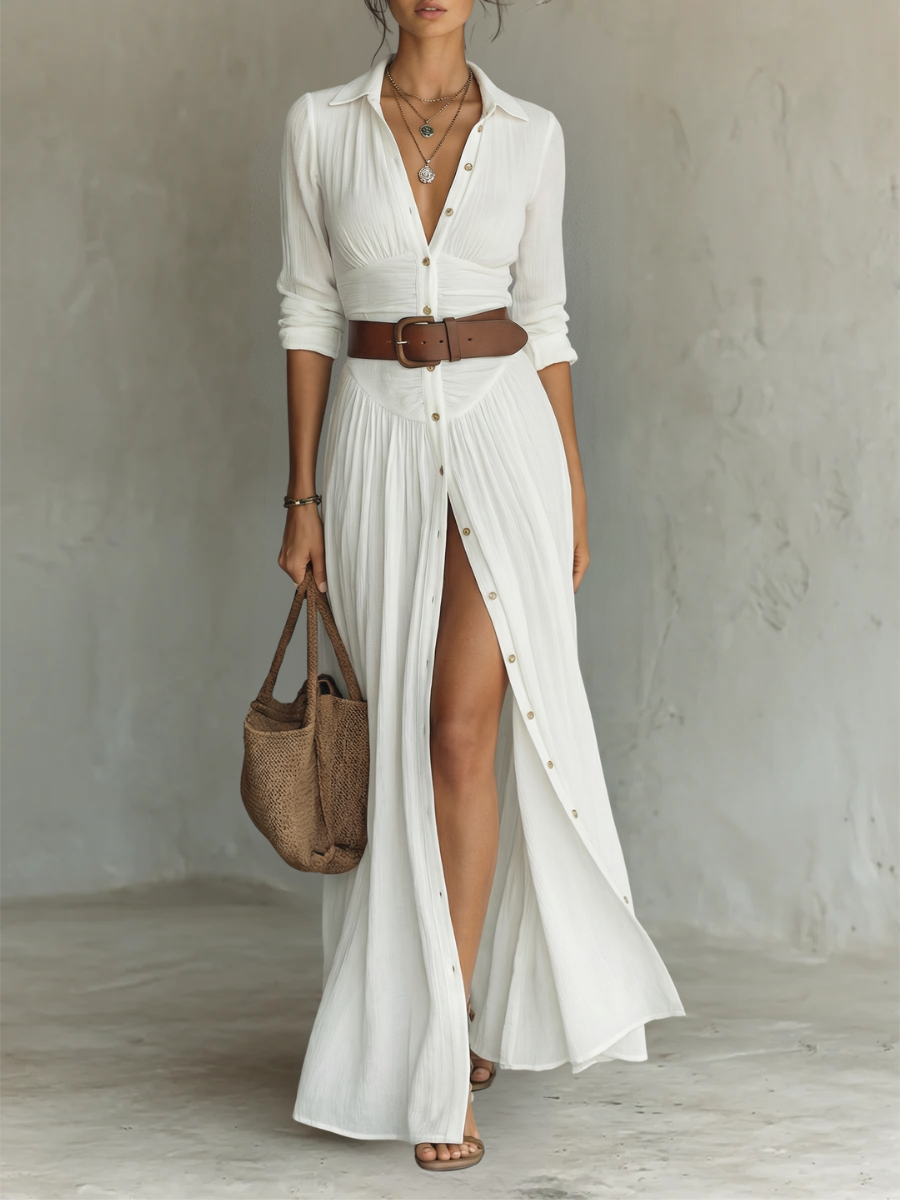 Pleated Maxi Dress Made of Linen Fabric - Soft Fall and Elegant