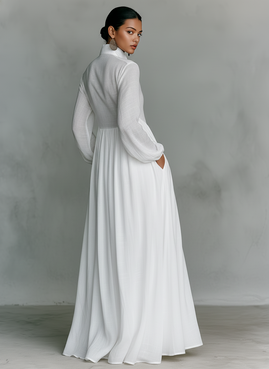 Patchwork Linen Maxi Dress - Stand-Up Collar