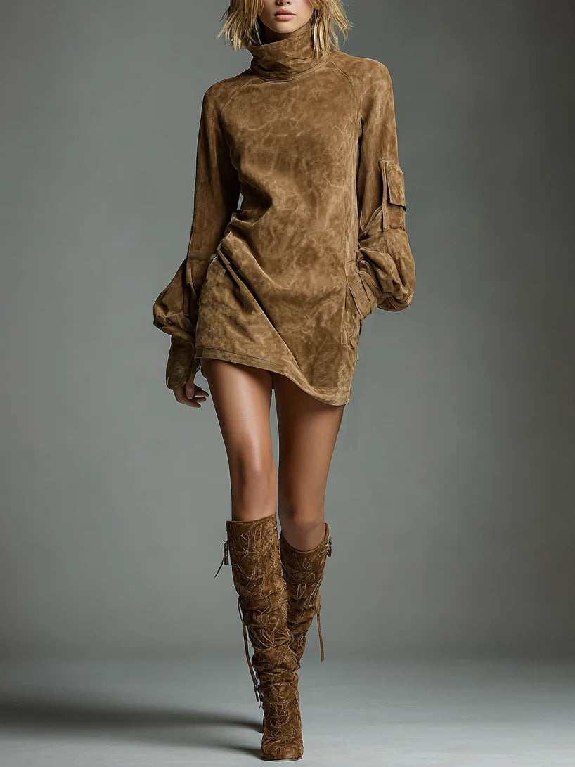 Bibiane | Mini Oversize Dress Made of Suedine with High Collar