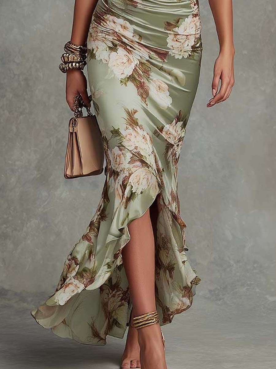 Anastasia | Long Satin Dress with Floral Pattern