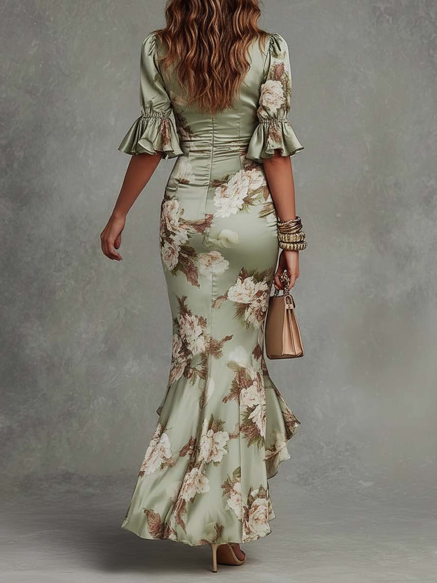 Anastasia | Long Satin Dress with Floral Pattern
