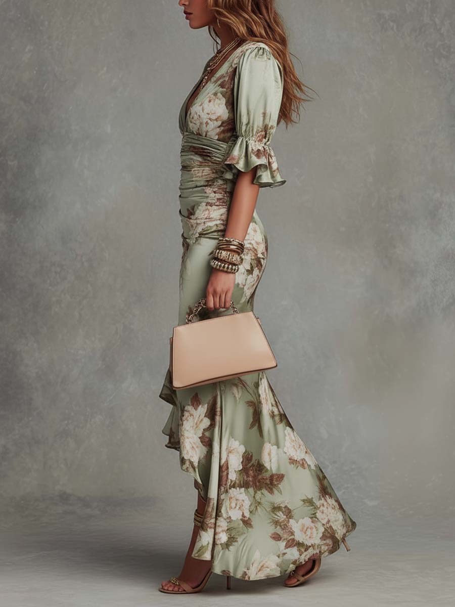 Anastasia | Long Satin Dress with Floral Pattern