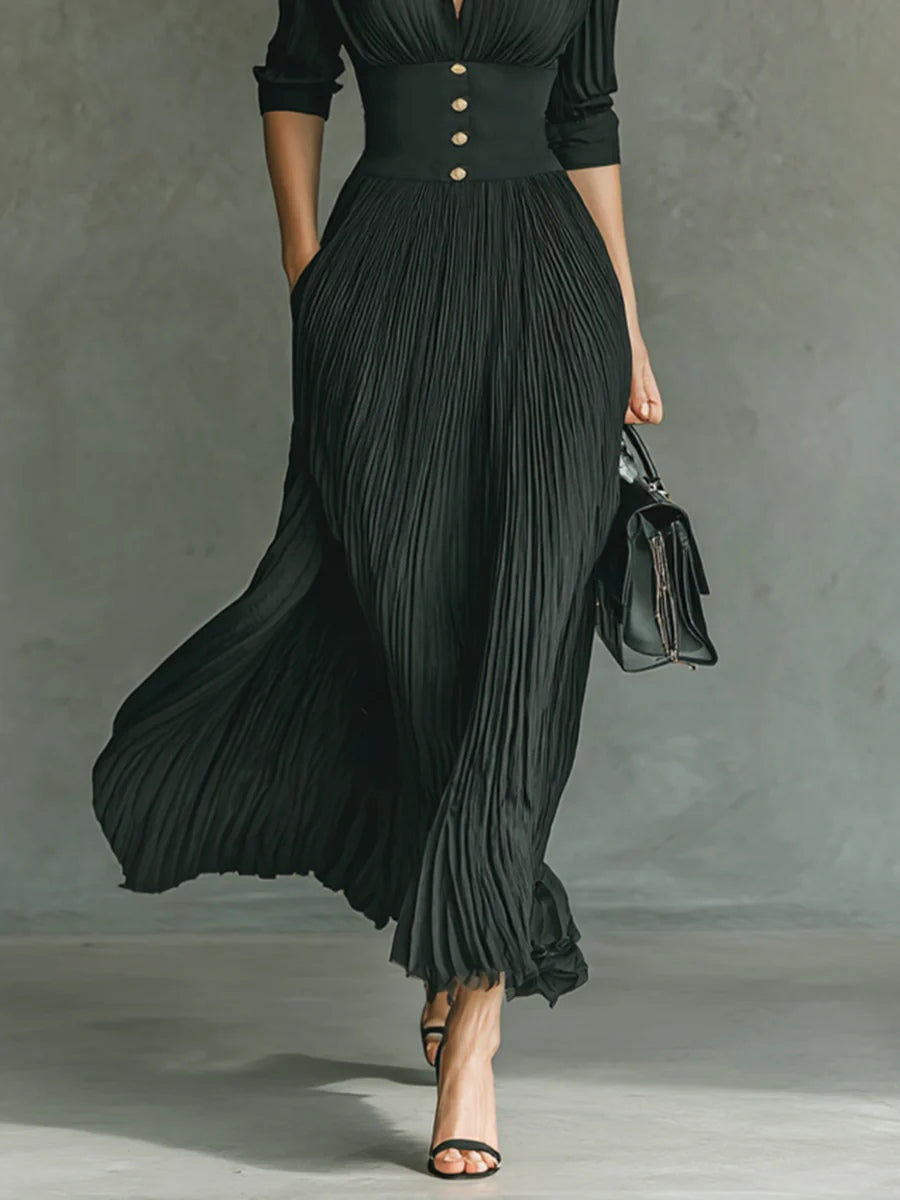 Elvire | Long Pleated Dress with Collar and High Waist