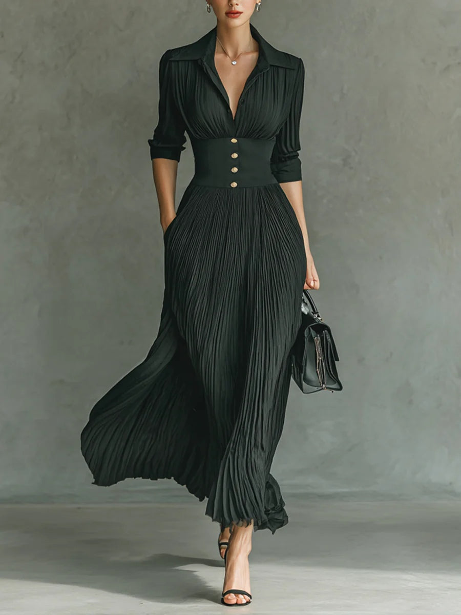 Elvire | Long Pleated Dress with Collar and High Waist