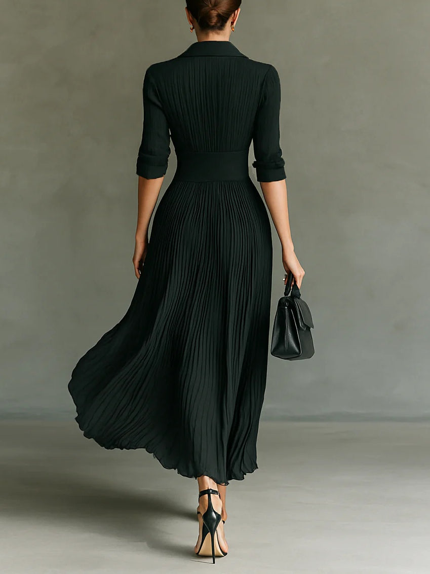 Elvire | Long Pleated Dress with Collar and High Waist