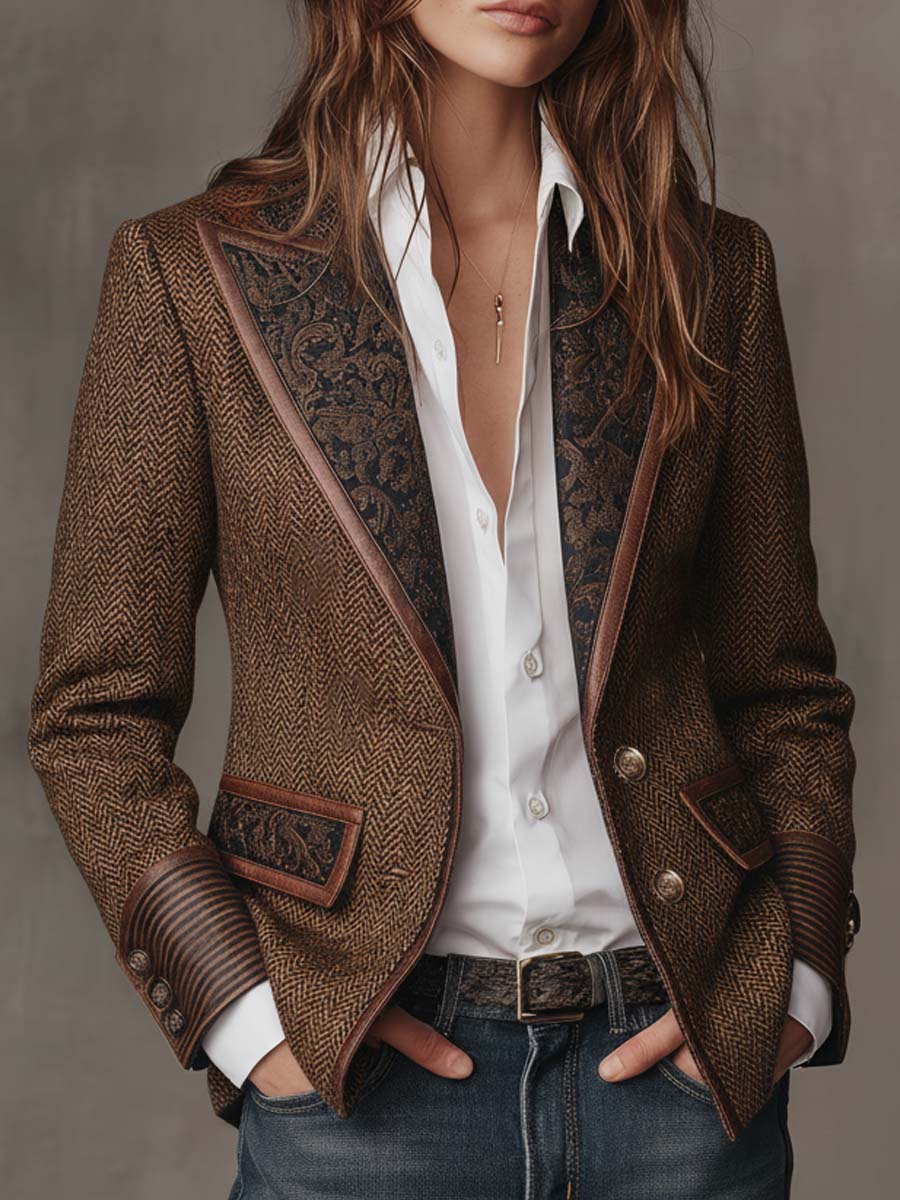 Women's Blazer with Houndstooth Pattern and Printed Panels
