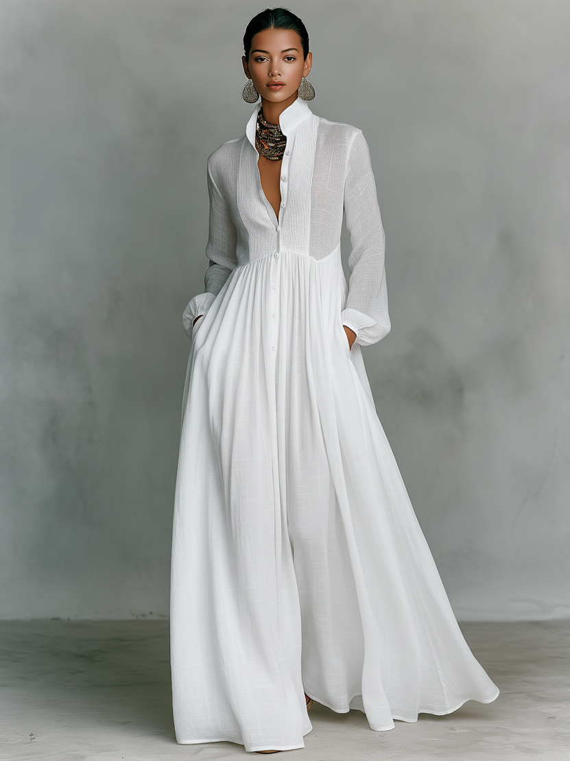 Patchwork Linen Maxi Dress - Stand-Up Collar