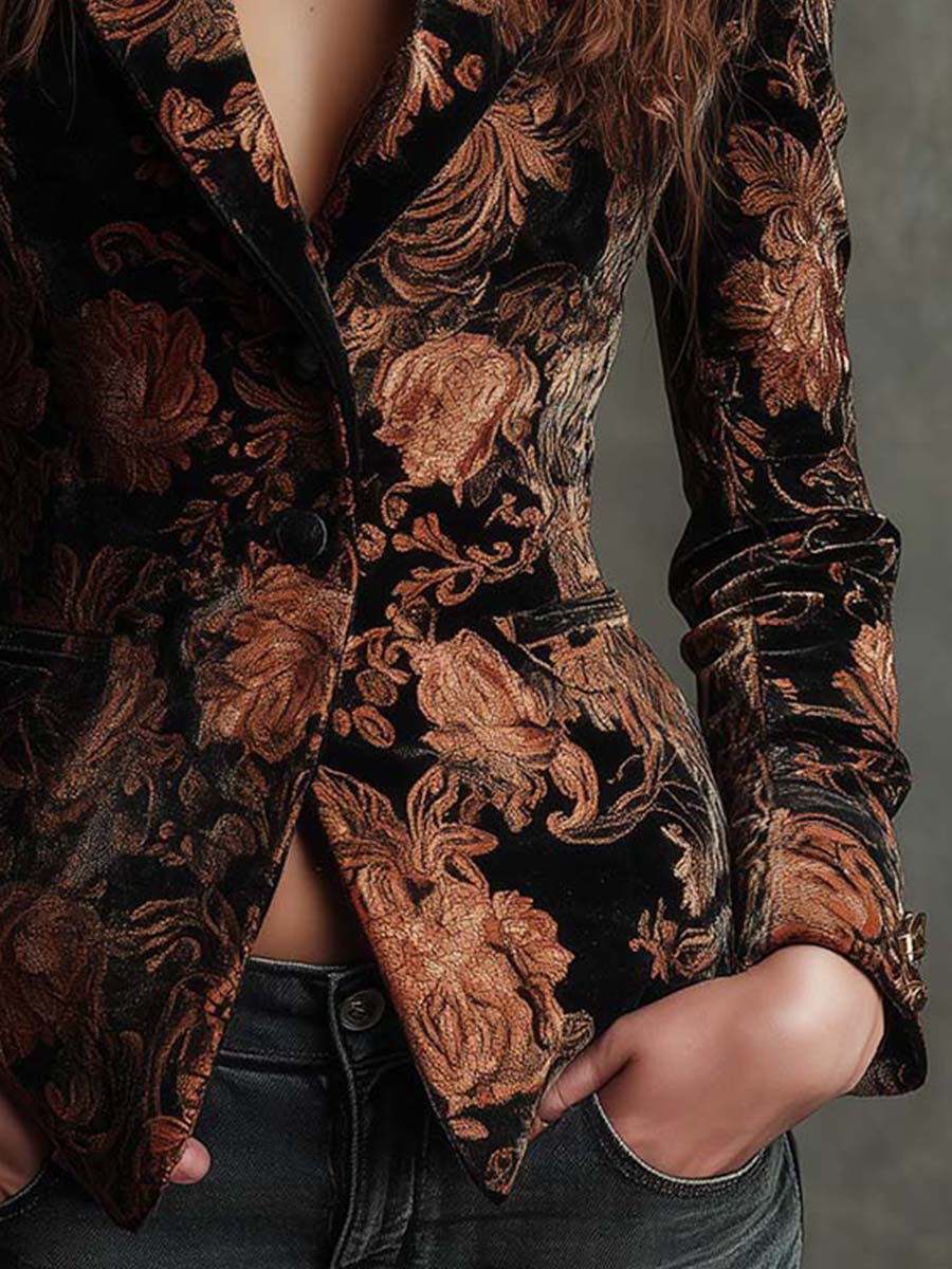 Women's Blazer with Black and Bronze Floral Print