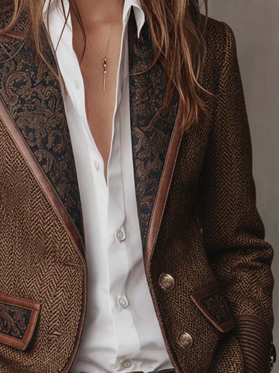 Women's Blazer with Houndstooth Pattern and Printed Panels