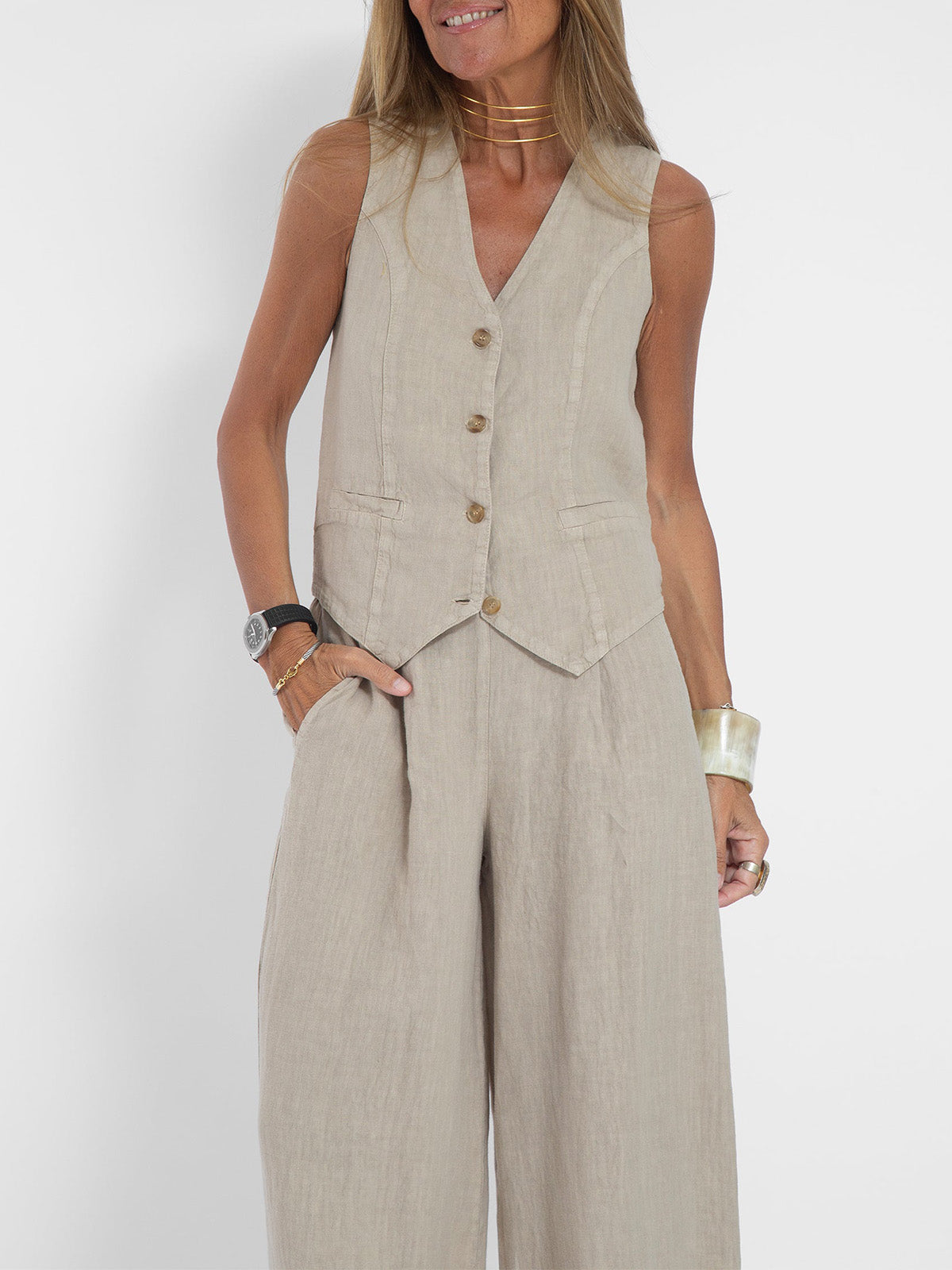 Aira | Set with Button Vest and Wide Pants