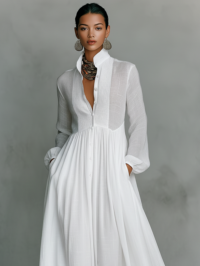 Patchwork Linen Maxi Dress - Stand-Up Collar