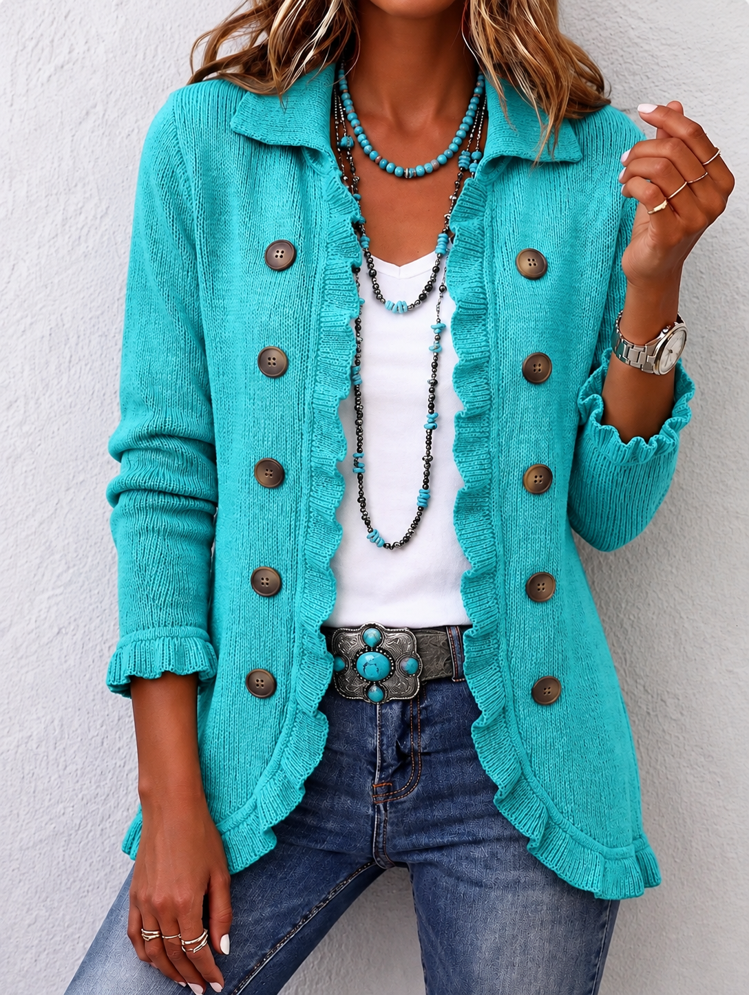 Silvana | Sweater with a wool pattern in turquoise color with ruffles