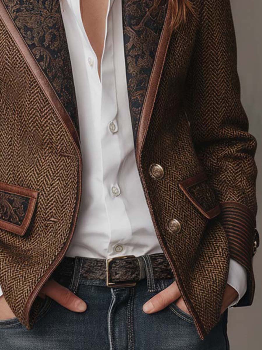 Women's Blazer with Houndstooth Pattern and Printed Panels