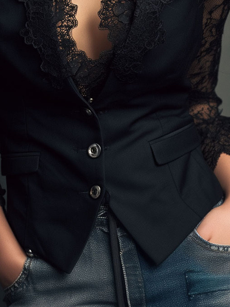 Noémie | High Black Blazer with Semi-Transparent Sleeves