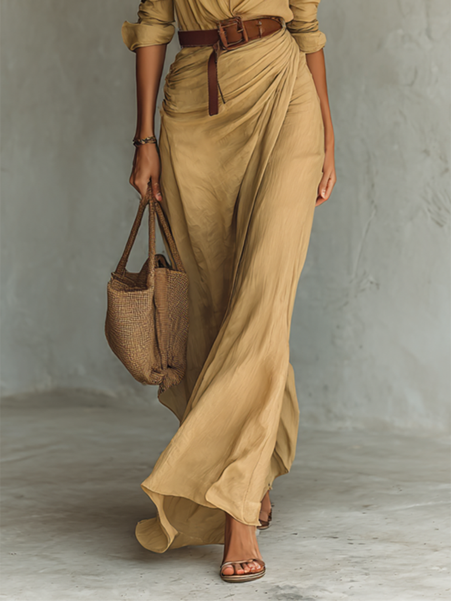 Long Maxi Dress with Reversed Collar - Elegant and Softly Flowing