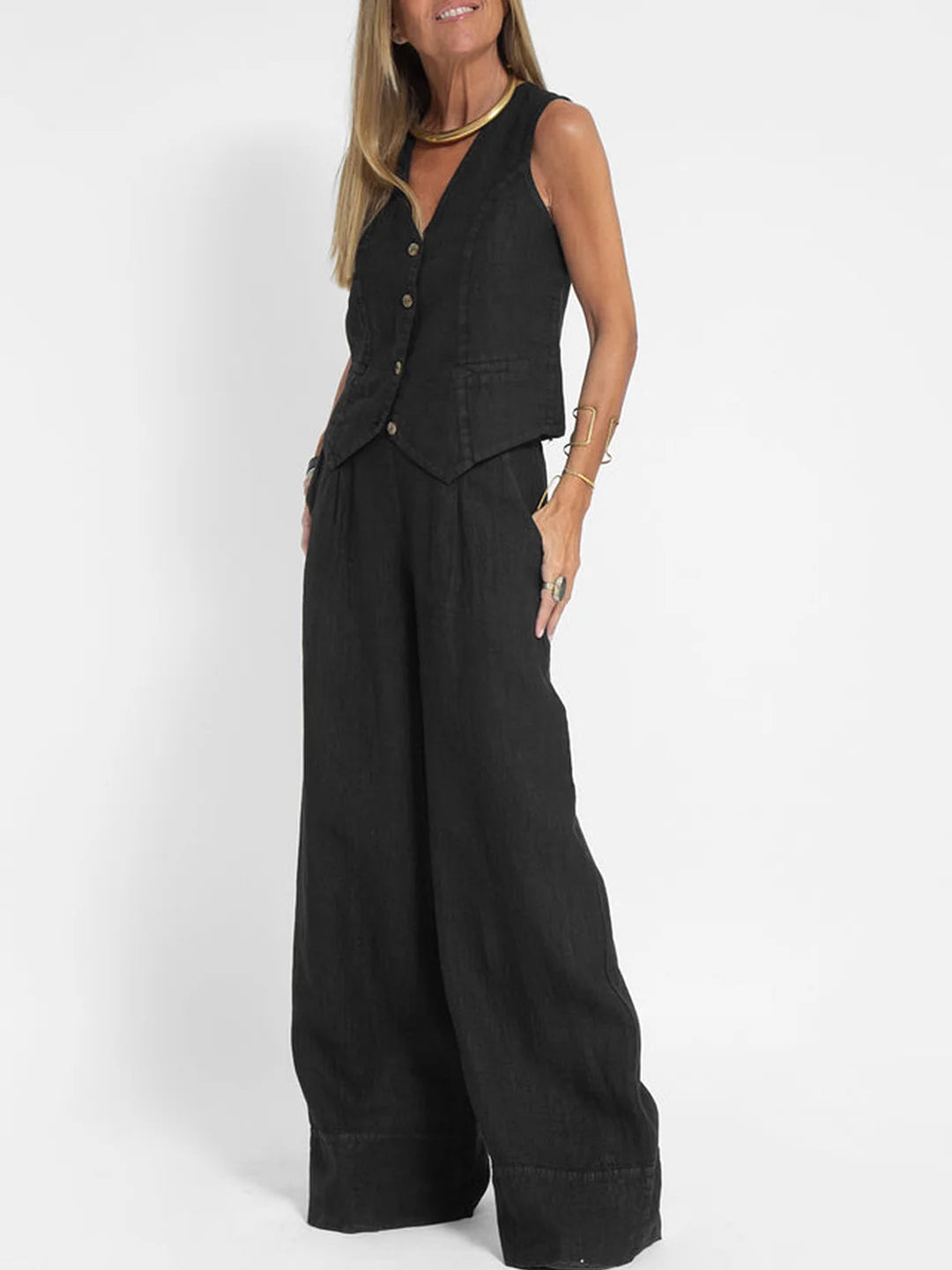 Aira | Set with Button Vest and Wide Pants