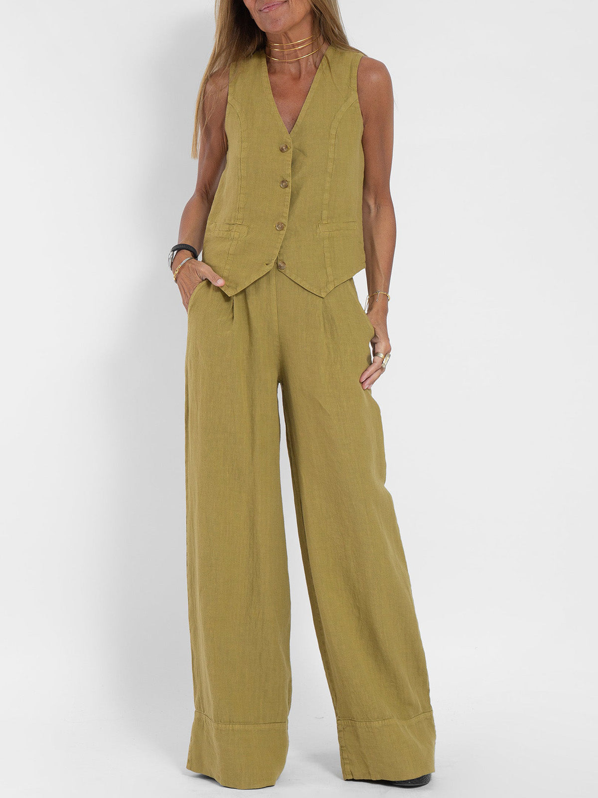 Aira | Set with Button Vest and Wide Pants