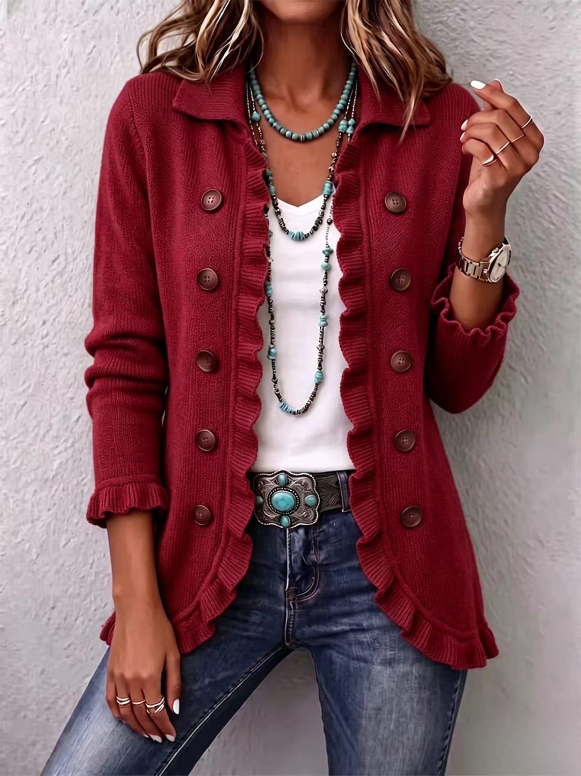 Marta | Red Jacquard Sweater with Ruffles