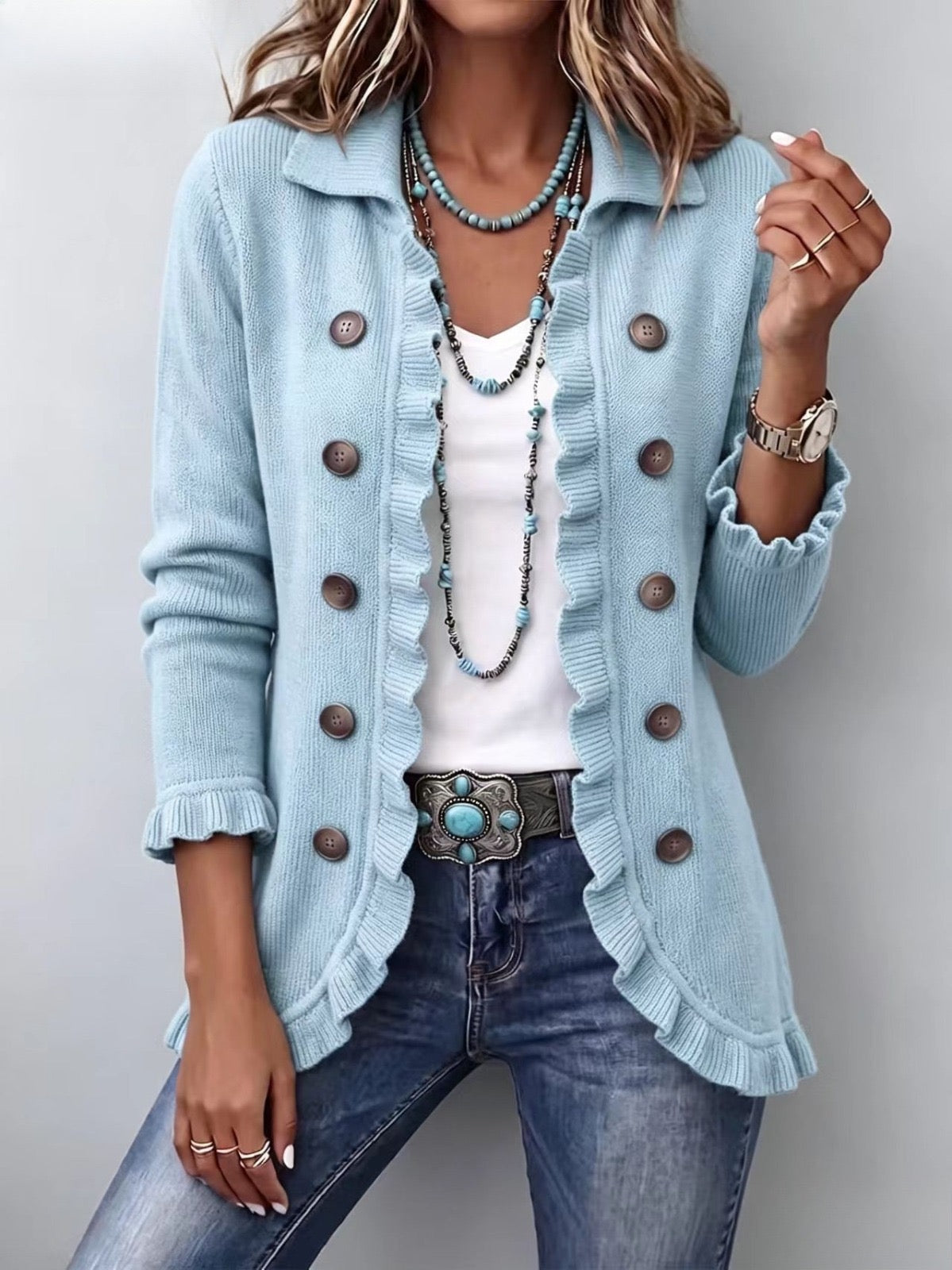 Pia | Blue Knitted Blazer with Ruffles