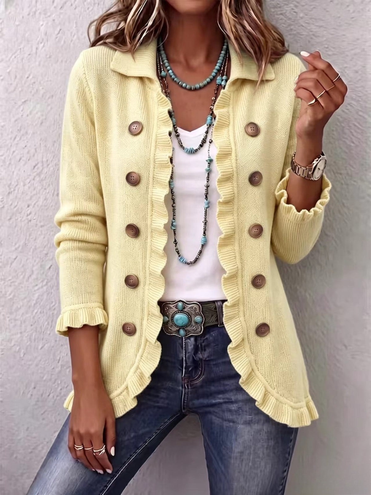 Ornella | Cream Knitted Jacket with Ruffles