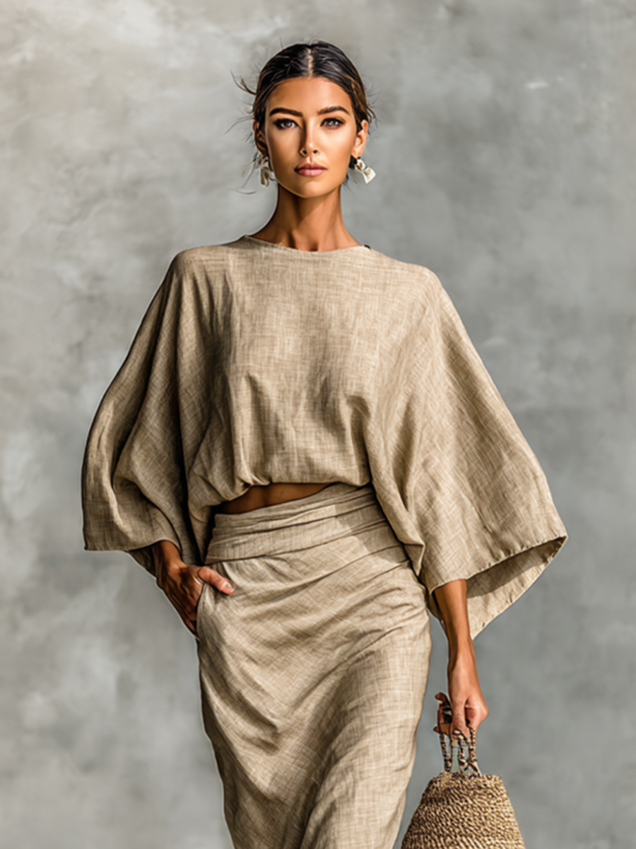 Linen-Cotton Skirt and Top Set - Women's Two-Piece Outfit