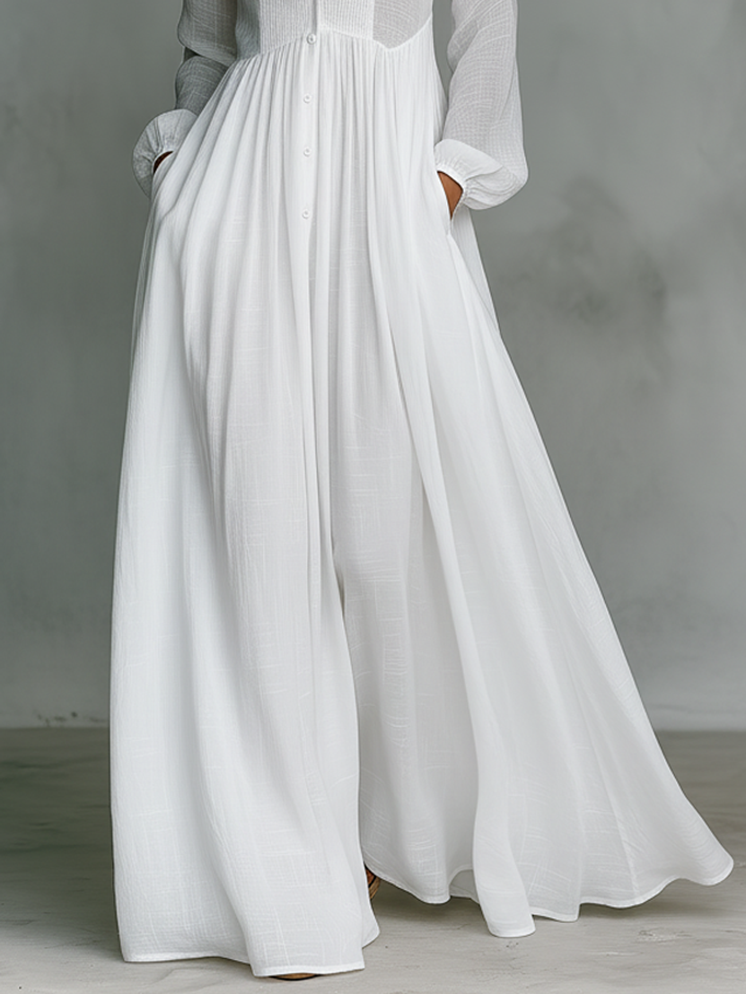 Patchwork Linen Maxi Dress - Stand-Up Collar