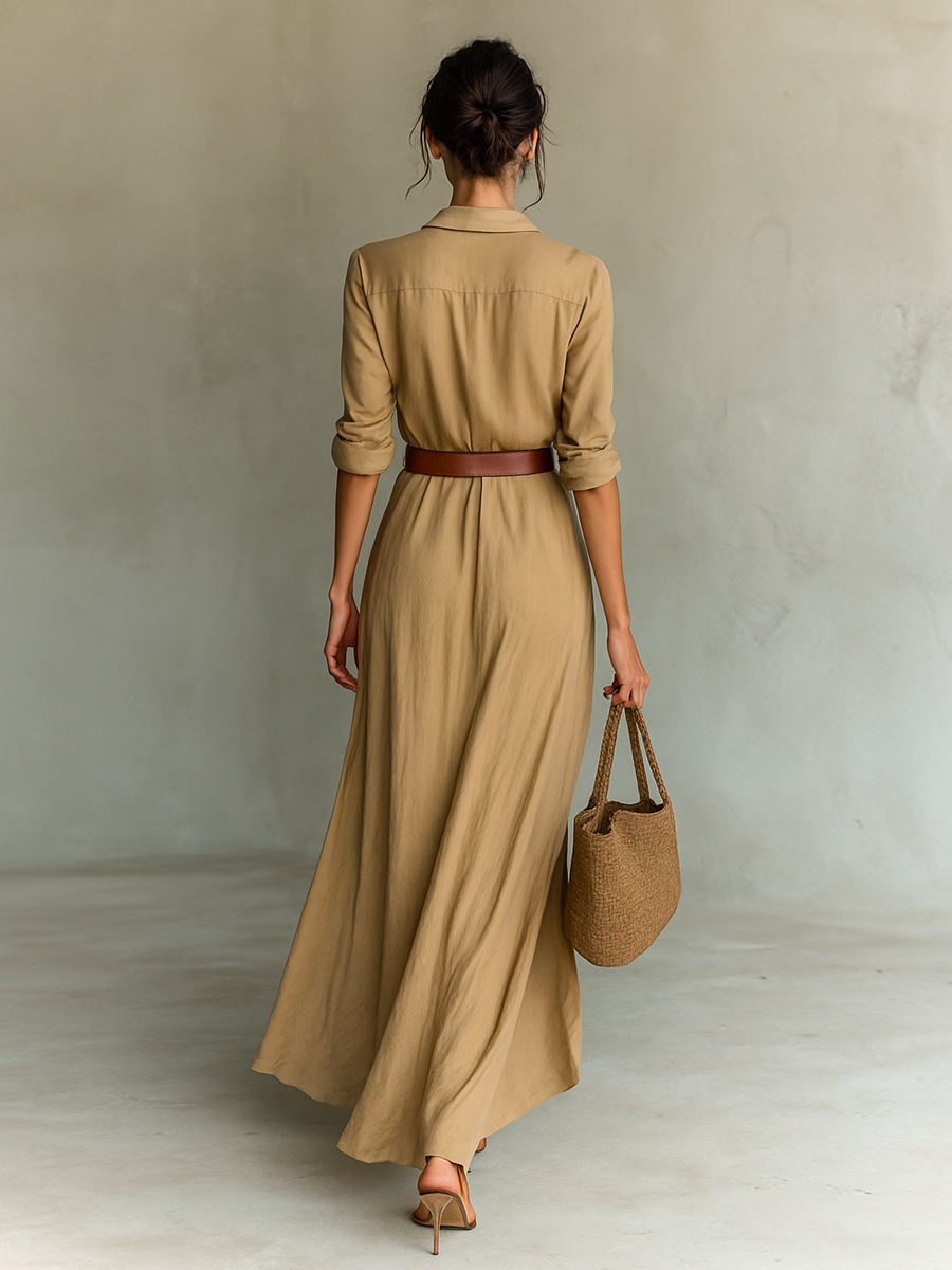 Long Maxi Dress with Reversed Collar - Elegant and Softly Flowing