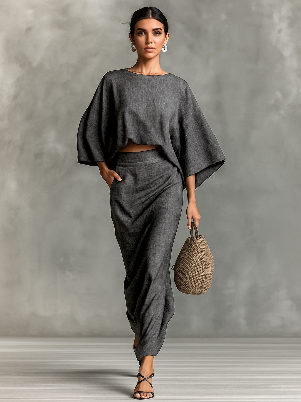 Linen-Cotton Skirt and Top Set - Women's Two-Piece Outfit