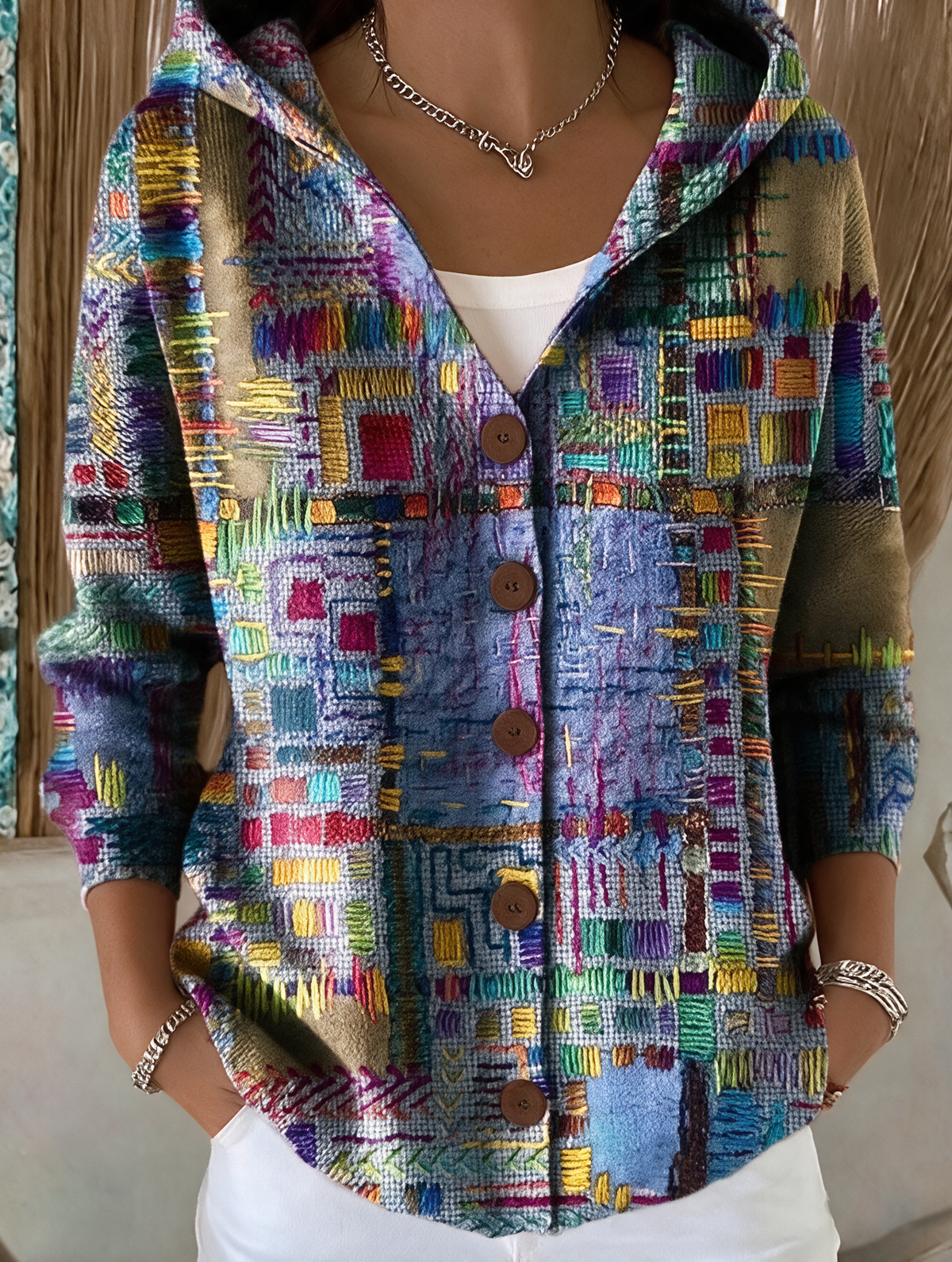 Evelyn – Artistic cardigan Fantasia and knitted hoodie jacket