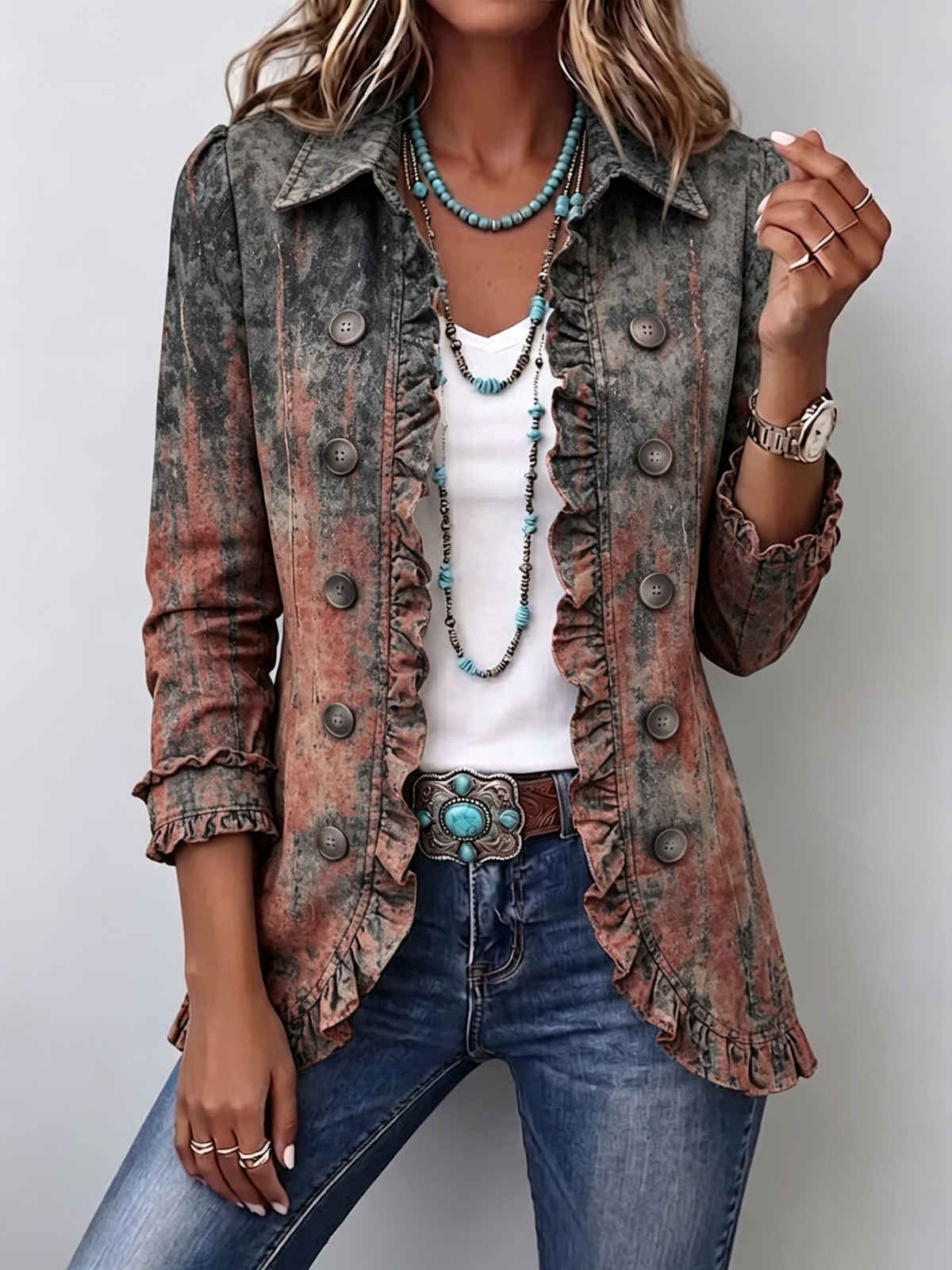 Flavia | Vintage Lightened Textured Jacket with Ruffles