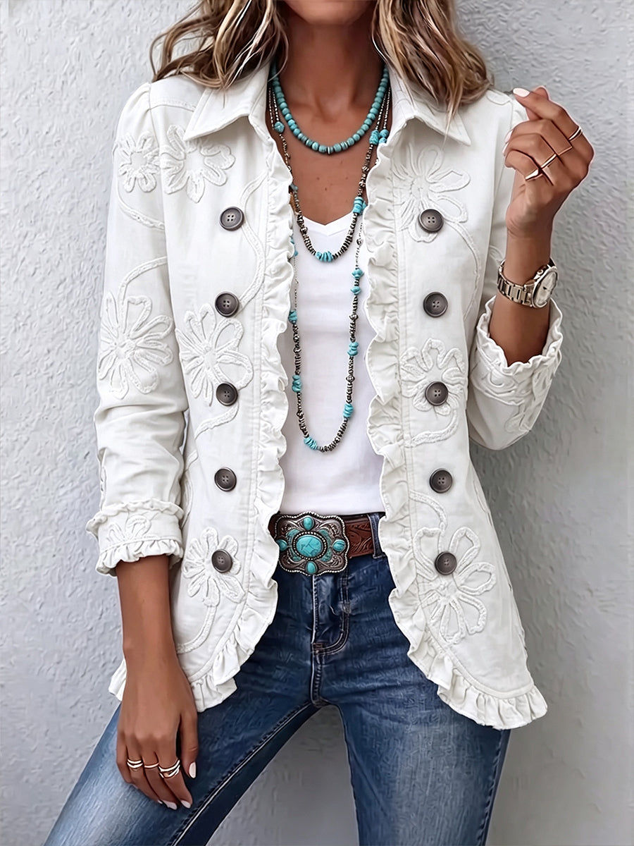 Camila | Boho-Chic Jacket with Embroidered Flowers in Ivory and Ruffled Details