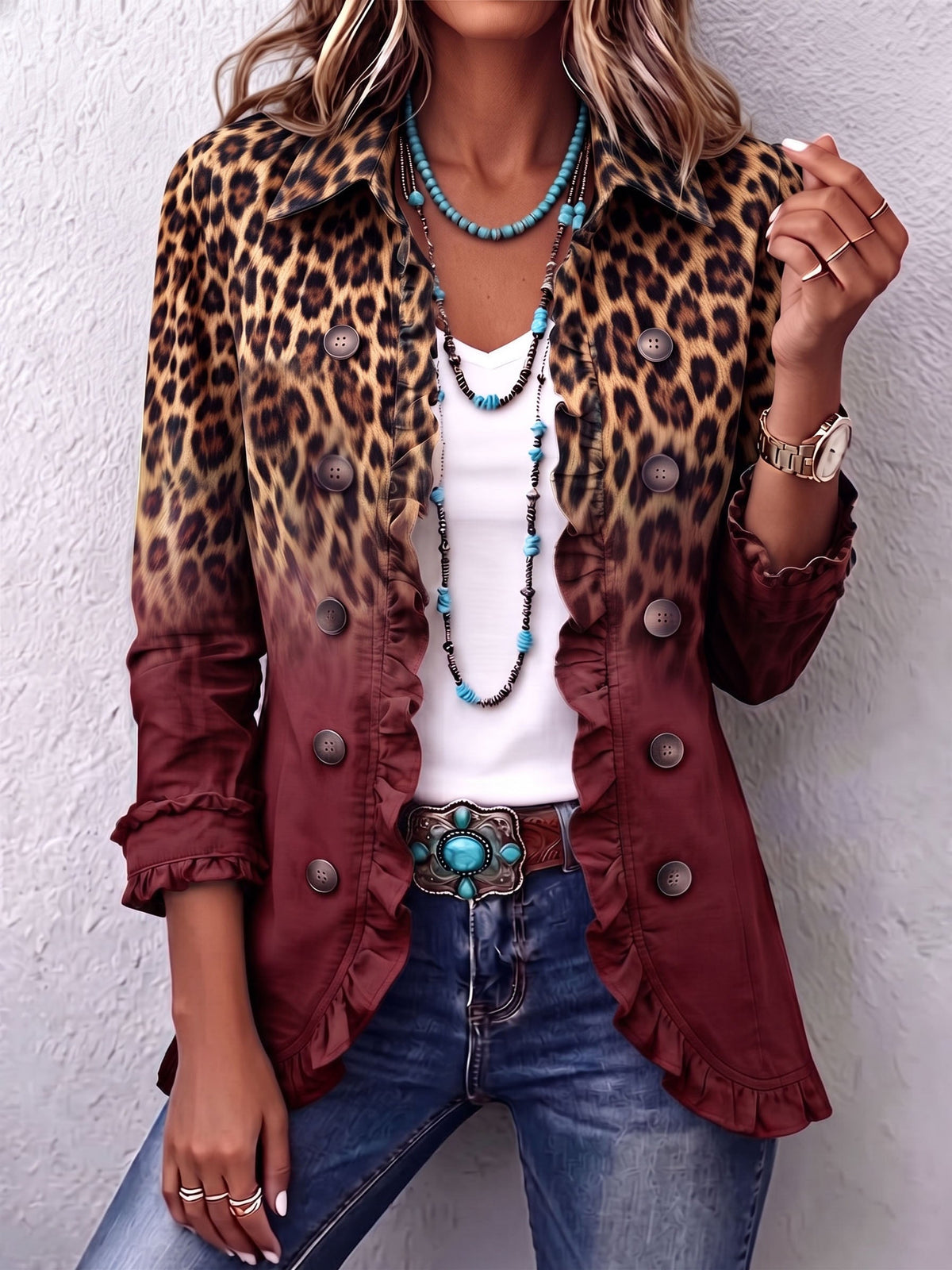 Livia | Blazer with Degraded Leopard Pattern and Ruffles